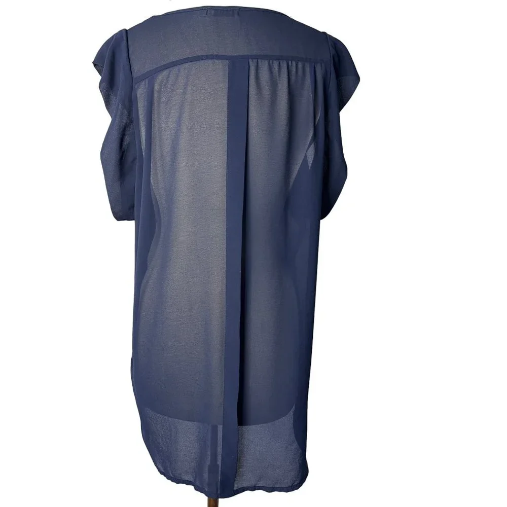 Costa Blanca Blouse Women's Blue Large Sheer Sleeveless Round Neck Hi-Lo Hem